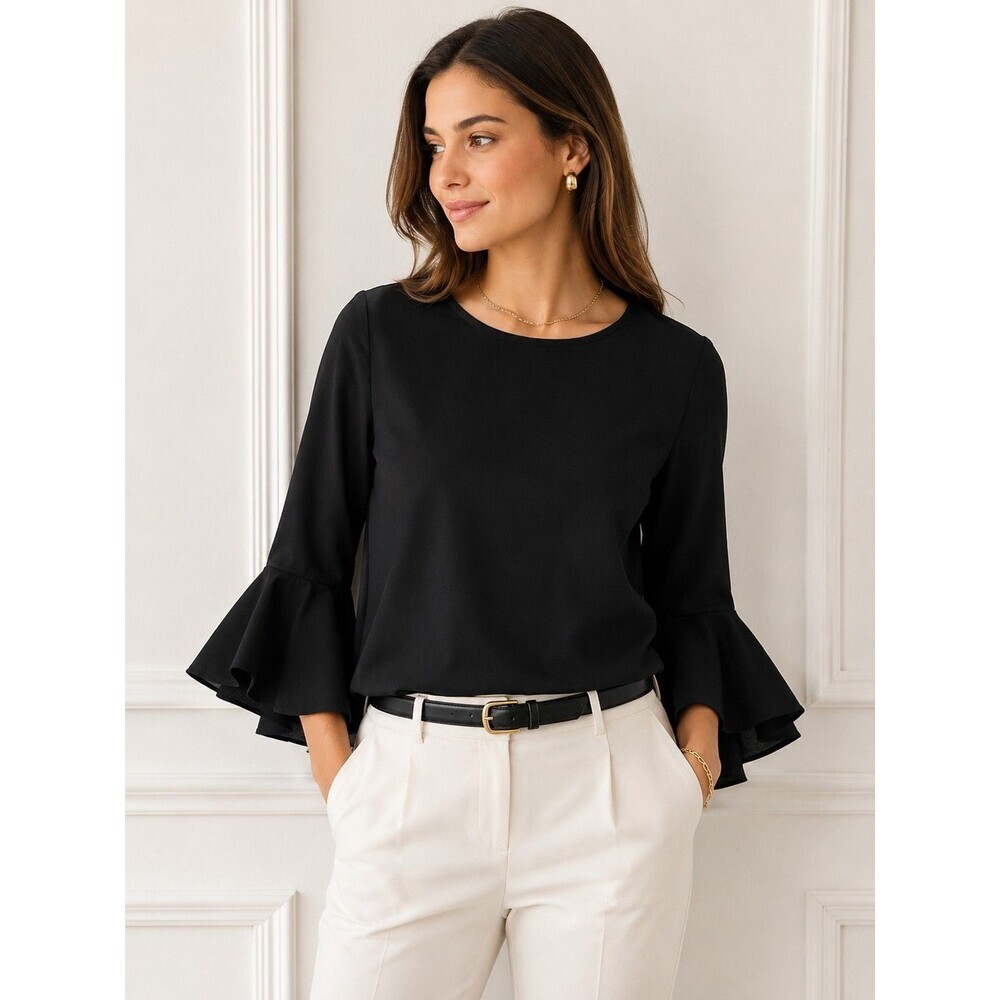 HALSTON Black Bell Sleeve Blouse Top Women Medium Flare Sleeve Stretch - Picture 1 of 8